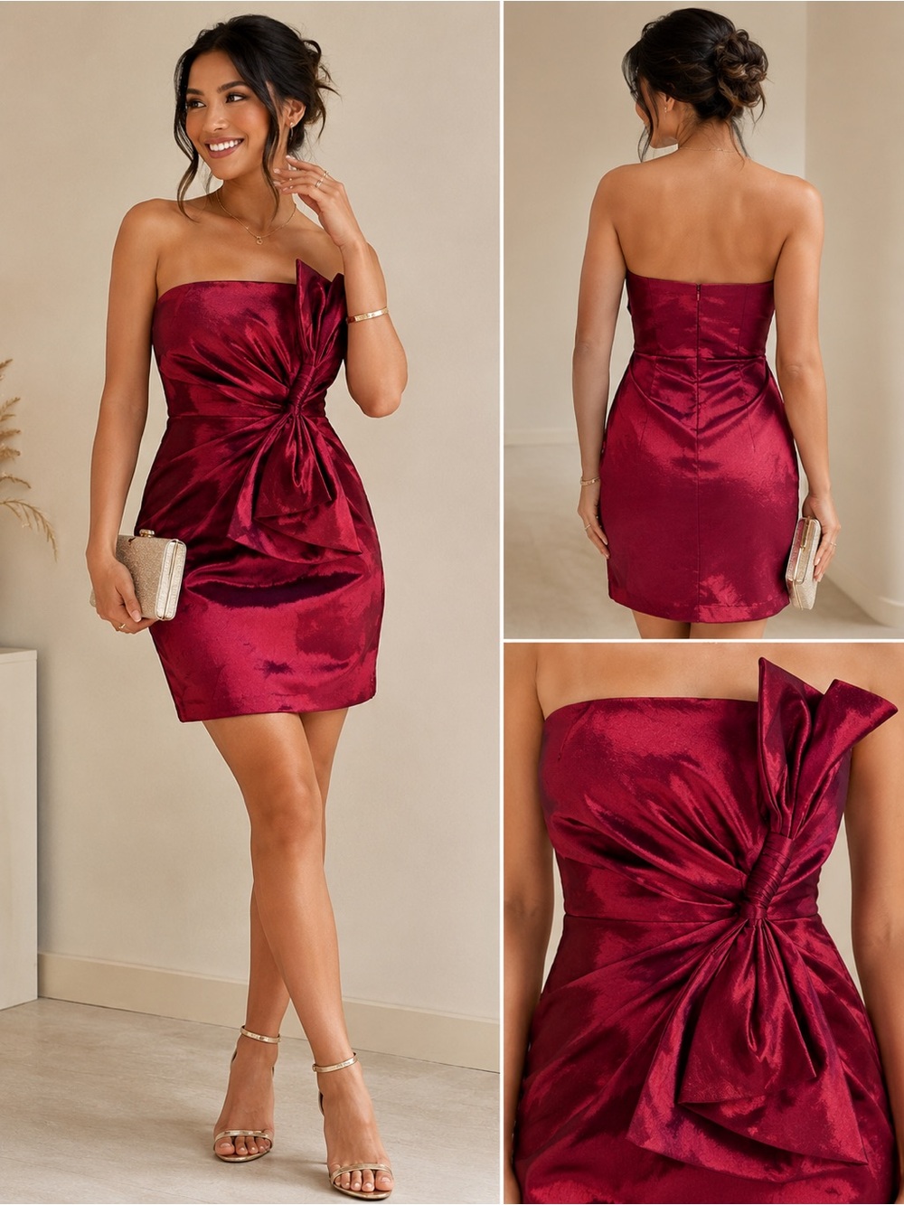 Poetry Clothing Boutique Burgundy Metallic Strapless Bow Holiday Dress Small NWT